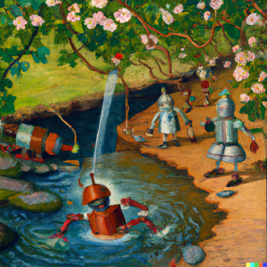 DALL·E 2022-09-02 14.48.23 - A Carl Larsson painting of a family of robots bathing in a spring..png