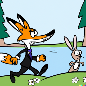DALL·E 2022-09-29 18.08.54 - Cartoon fox chasing a rabbit next to a lake while wearing a suit.png