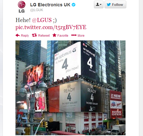 LG tar tillfället i akt och visar Galaxy S4-inspirerad reklam på Times Square