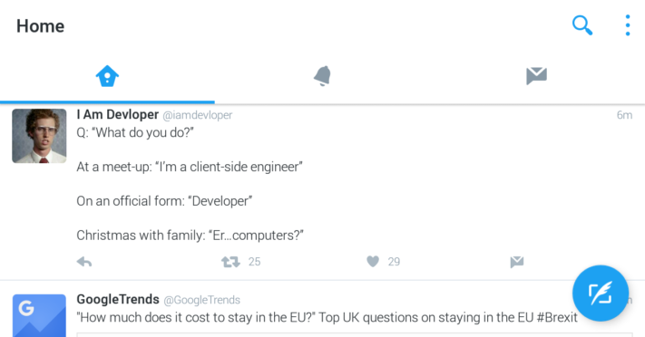 Twitter för Android testar helt nytt utseende med flikar och FAB