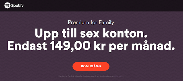 Nu kostar Spotifys familjeprenumeration 149kr/mån, tillåter sex konton
