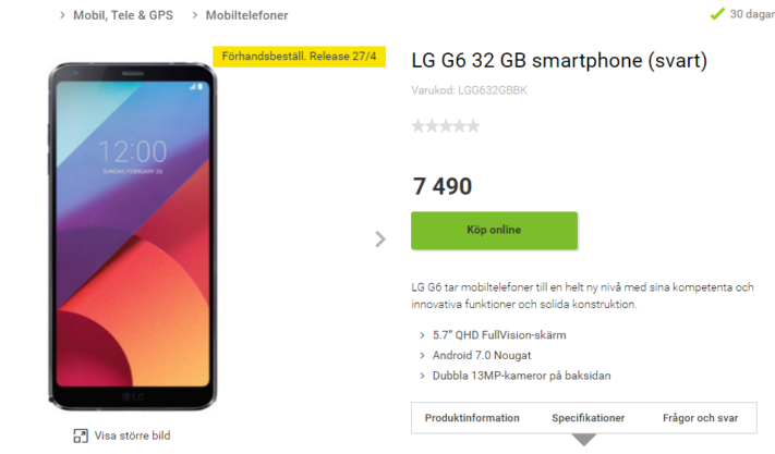 LG G6 dyker upp i webbutik med prisuppgift och releasedatum