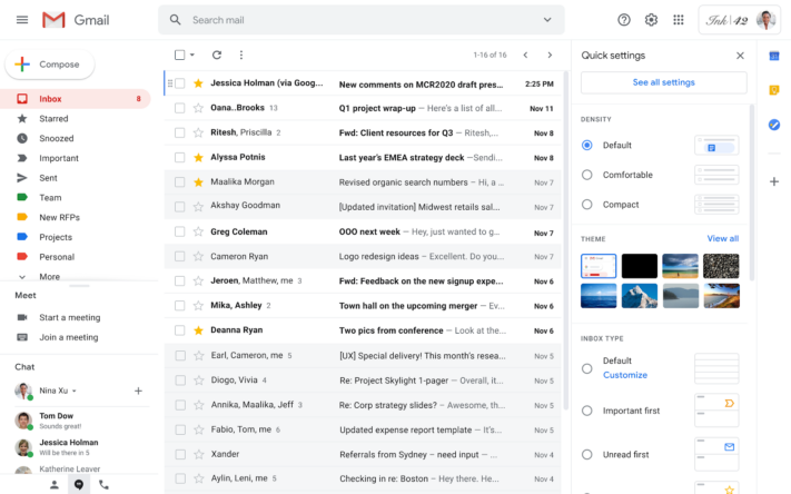 Gmail på webben får utökade snabbinställningar