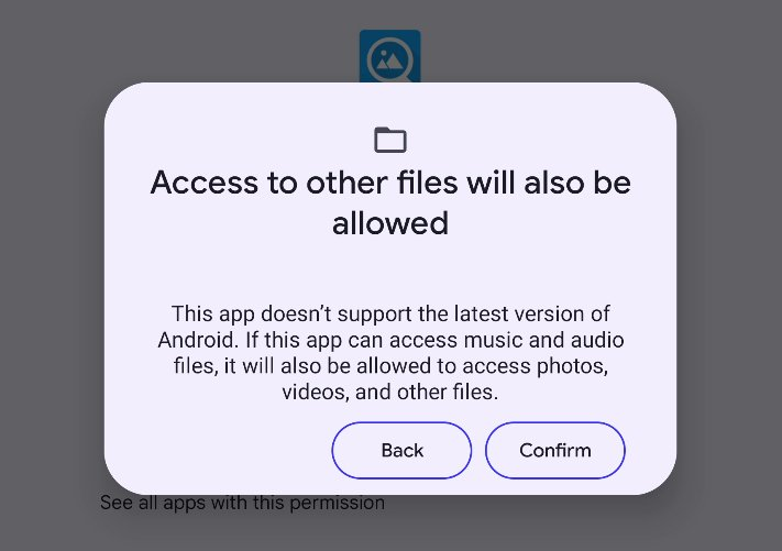 Android 13 varnar ifall en app inte anpassats för nya fil-tillåtelsen