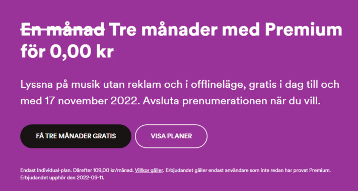 Spotify erbjuder tre månaders Premium gratis till de som aldrig prenumererat tidigare