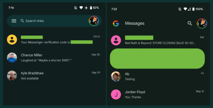 Google Messages blir av med sidomenyn